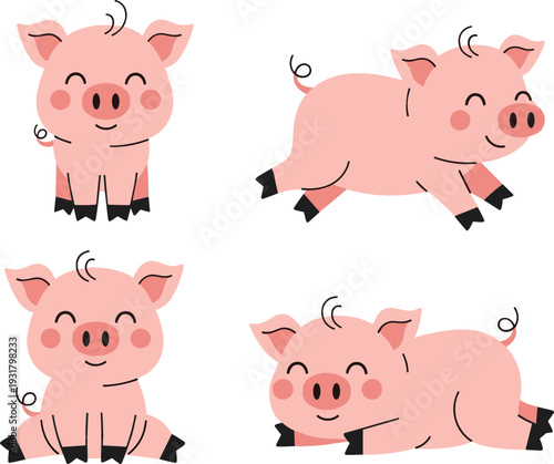 Cute pig cartoon character set with funny poses, smiling farm animal illustrations, kawaii piglet design, and playful vector mascots