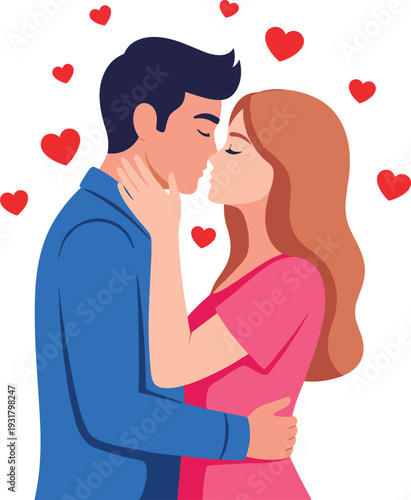 Loving couple sharing romantic kiss surrounded by floating hearts