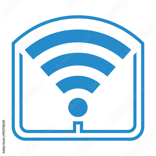 Modern flat design icon of wireless signal strength bars connecting seamlessly to a central antenna node inside a clean geometric frame showcasing high speed internet connectivity and network