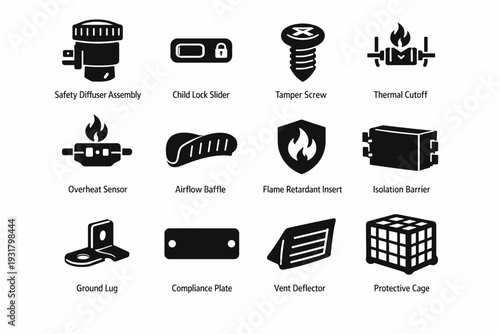 Lug overheat airflow insert tamper isolation simple vector icon image safety diffuser