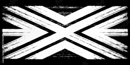 Abstract black and white design featuring intersecting brushstroke like lines