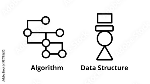 Computer Science Icons: Abstract Algorithm Network and Stacked Data Structure Shapes