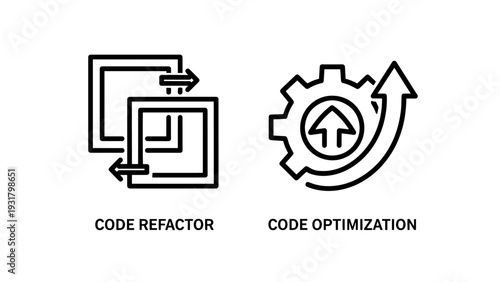 Software Development Icons: Code Refactoring and Optimization with Arrows and Gear Symbol
