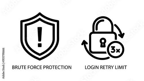 Cybersecurity Icons: Brute Force Protection and Login Retry Limit with Warning Shield and Locked Padlock