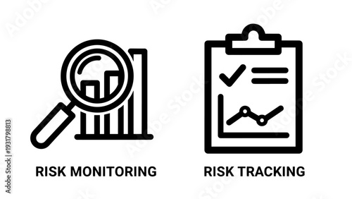 Icons illustrating risk monitoring and risk tracking with a magnifying glass over a bar chart and a clipboard checklist for business analysis.
