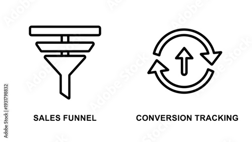Business icons illustrating a sales funnel and conversion tracking, representing marketing processes, customer journey, and lead generation.