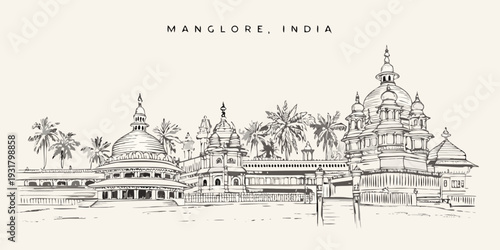 Sketch of mangalore india architecture with palm trees and detailed buildings