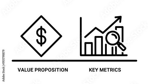 Icons representing value proposition and key metrics, showcasing financial growth, data analysis, and business strategy.