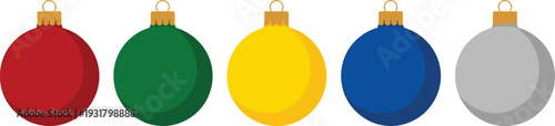 Vibrant Christmas ornaments in red, green, yellow, blue, and gray