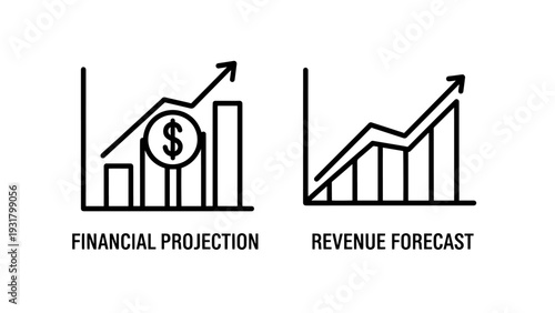Financial projection and revenue forecast charts with upward trend arrows and dollar sign icon for business growth concept