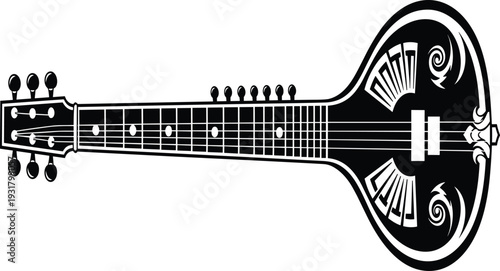 Black and white guitar with intricate on the body musical instrument