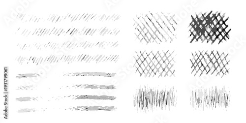 Collection of abstract scribble brush stroke textures in grayscale