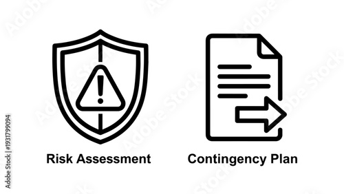 Tableau sur toile Risk assessment shield with warning triangle, contingency plan document with for