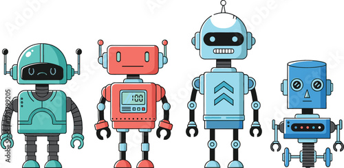 Cute robot characters set, retro cartoon robots in flat style isolated on white background