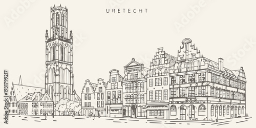 Sketch of the dom tower and historic buildings in utrecht netherlands