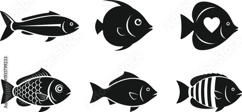 Fish silhouette icons set in black, marine animal symbols and seafood logo shapes isolated on white background
