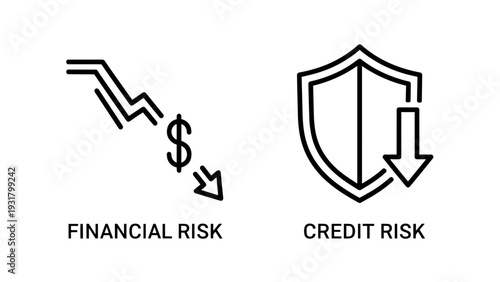 Financial icons depicting risk, with a descending graph and dollar sign for financial risk and a shield with a downward arrow for credit risk.