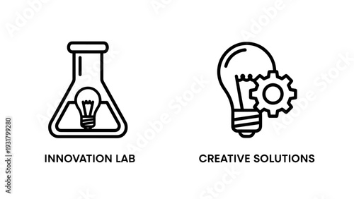 Creative icons representing an innovation lab with a flask and lightbulb, and creative solutions with a lightbulb fused with a gear.