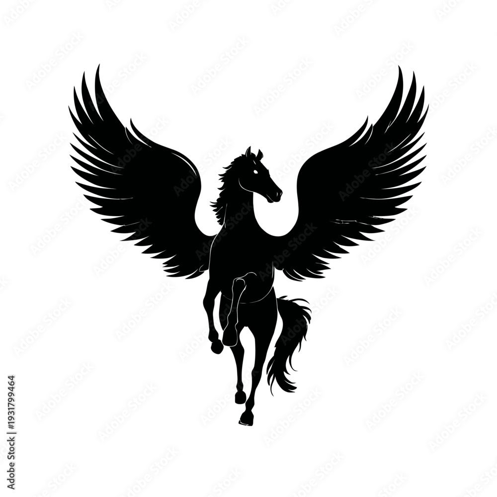 Fototapeta premium Silhouette of a majestic winged horse, Pegasus, in flight against a white background.