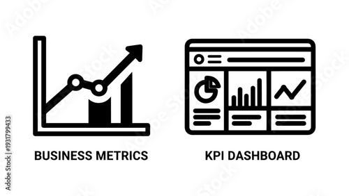 Business metrics and KPI dashboard line icons, symbolizing financial analysis, growth charts, and performance tracking for corporate success.