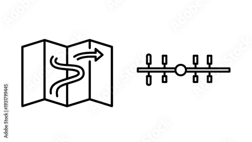 Abstract line art icons representing a folded map with a winding path and arrow for navigation, and a foosball table.