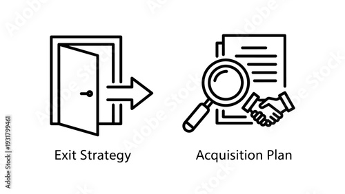 Business strategy icons showing an open door with an arrow for an exit strategy, and a magnifying glass over a handshake for acquisition plan.