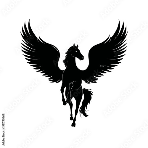 Silhouette of a majestic winged horse, Pegasus, in flight against a white background.