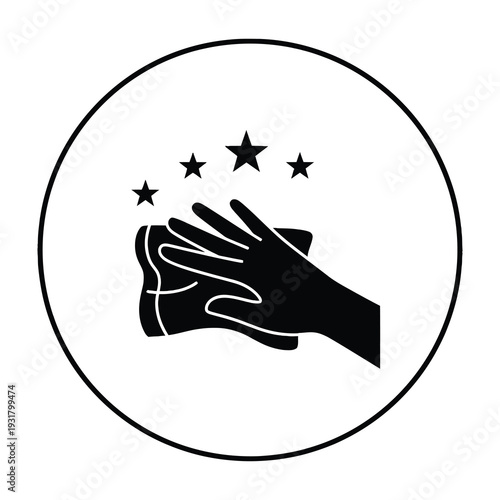A stylized graphic design featuring an open hand reaching upward with three glowing stars above it in a minimalist circular frame for inspiration and achievement themes