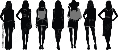 Collection of fashionable women silhouettes standing in stylish outfits isolated on white background