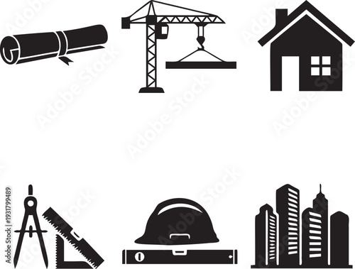 Construction and architecture icons set blueprint crane house drawing compass hard hat city buildings