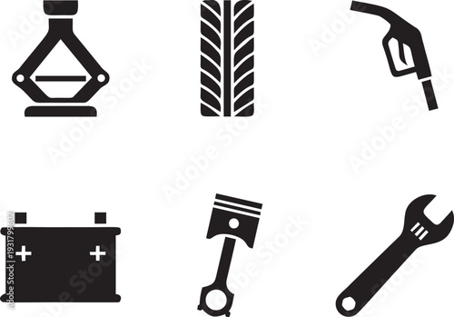 Set of automotive service icons including car jack, tire, gas pump, car battery, piston, and wrench on transparent background