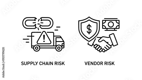 Icons illustrating supply chain risk and vendor risk, representing potential disruptions and financial dangers in business.