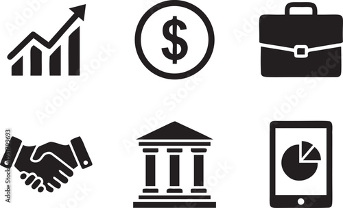 Business and finance icon set with growth chart dollar coin briefcase handshake government bank building and tablet data report