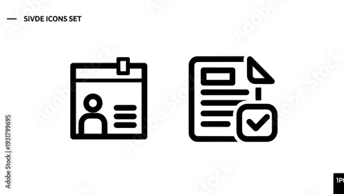 ID Card and Document Checkmark Icons: Identity Verification, Personal Information, and Task Completion Symbols