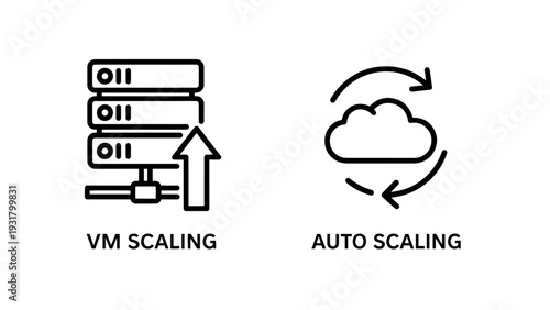 Scalability icons: VM scaling with upward arrow and auto scaling cloud, symbolizing growth and dynamic resource adjustment for IT infrastructure and cloud computing.