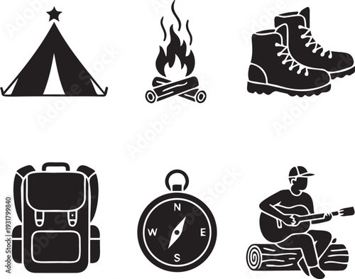 Camping and hiking equipment icons collection featuring tent campfire boots backpack compass and guitar player vector silhouettes