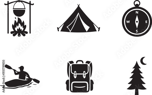 Collection of outdoor recreation and camping symbols including campfire, tent, compass, kayaking, backpack, and evergreen tree