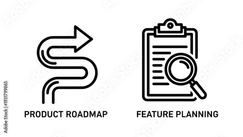 Business strategy icons: Winding roadmap arrow and clipboard with magnifying glass for feature planning, visualizing product development journey and detailed analysis.
