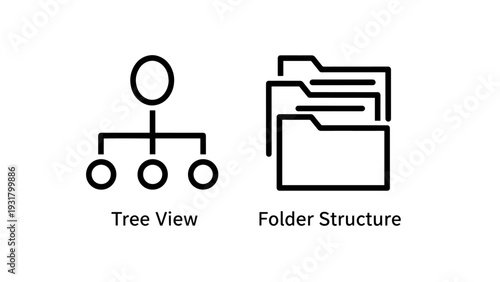 Data structure icons: Tree view diagram showing hierarchy and stacked folders representing file organization, illustrating navigation and storage systems.