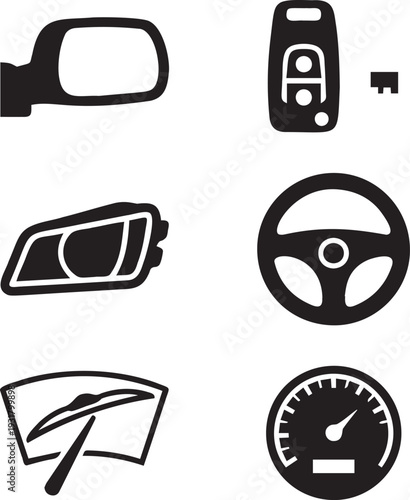 Car parts and accessories set with side mirror key headlight steering wheel wiper and speedometer