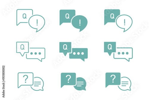Set of Chat and FAQ Speech Bubble Icons with Question and Answer Symbols in Minimal Line and Solid Style for Customer Support UI UX Design.eps10
