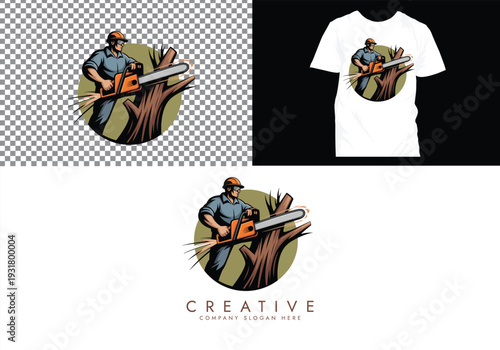 Lumberjack and Chainsaw Cutting logo, Woodcutting Tree Trunk Logo editable vector Design 