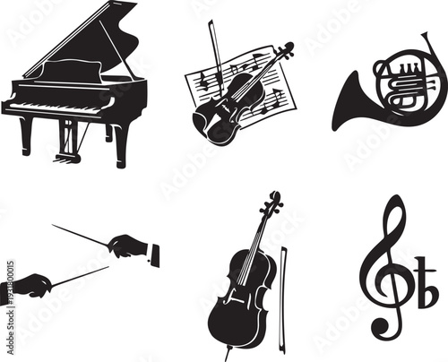 Classical music orchestra instruments icons collection grand piano violin cello french horn on transparent background