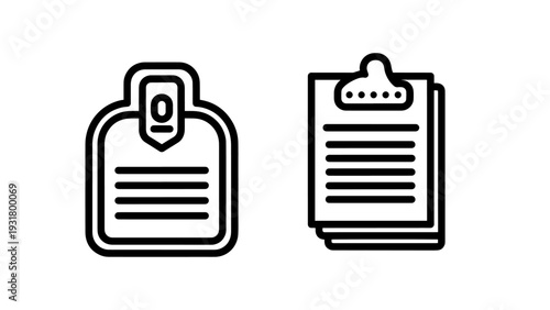 Two icons of document stacks, one a badge-like ID card and the other a simple clipboard, representing identity, forms, and record-keeping.