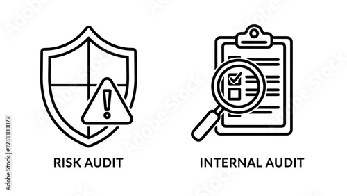 Shield icon with exclamation mark for risk audit and clipboard with magnifying glass for internal audit, illustrating business security and compliance checks.