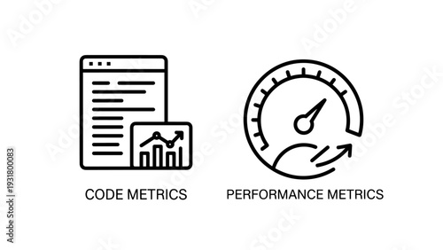 Website code metrics and performance meter icons, representing software development analysis, efficiency, and speed optimization.