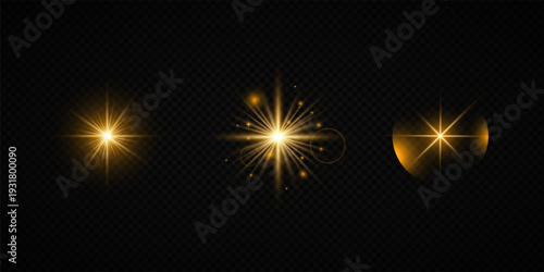 Glowing Golden Star Light Effect with Sparkle Rays and Lens Flare Illumination on Transparent Background