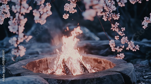 Enchanting spring night campfire surrounded by blossoming cherry tree branches
