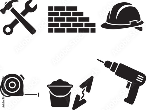 Construction tools vector icon set with hammer and wrench, brick wall, hard hat, tape measure, bucket and trowel, drill
