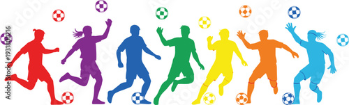Vibrant Rainbow Soccer Player Silhouette Collection Featuring Multi-Colored Athletic Figures and Goalkeeper for Sports Branding and Youth Leagues